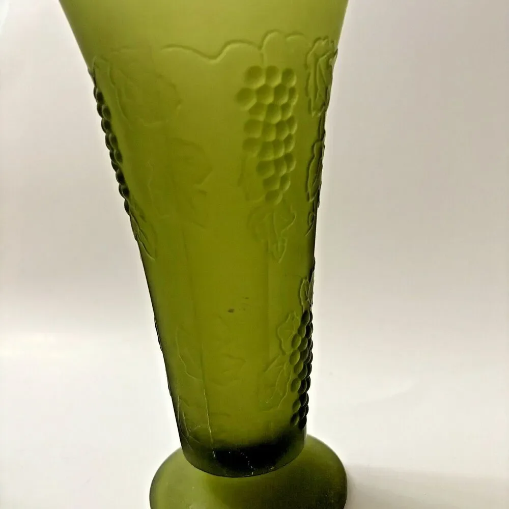 Vintage Green Glass Pedestal Vase with Grape Vines  7.5 inches